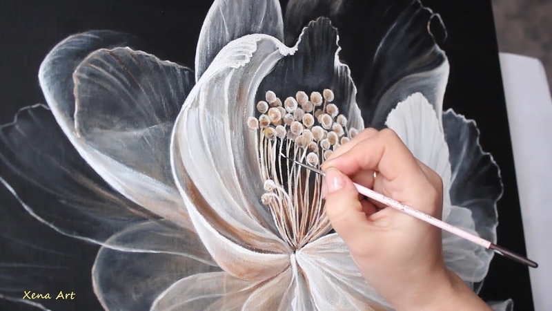 Transparent Flower on Black Background, Acrylic Painting Step by Step,